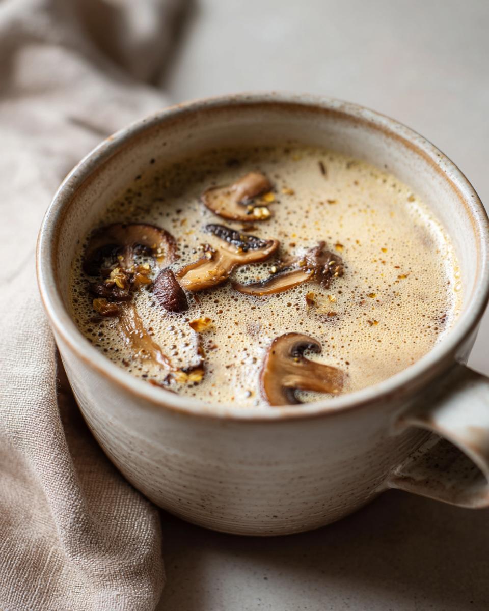Close-up of a mug filled with creamy mushroom soup, garnished with mushroom slices.