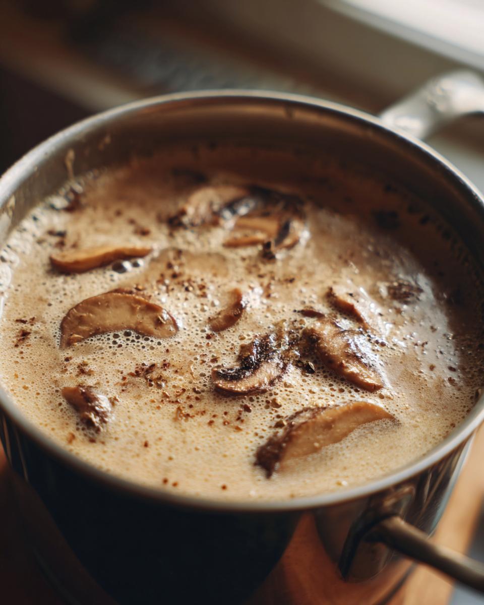 Close-up of Creamy Mushroom Soup simmering in a pot, showing mushrooms and creamy broth.