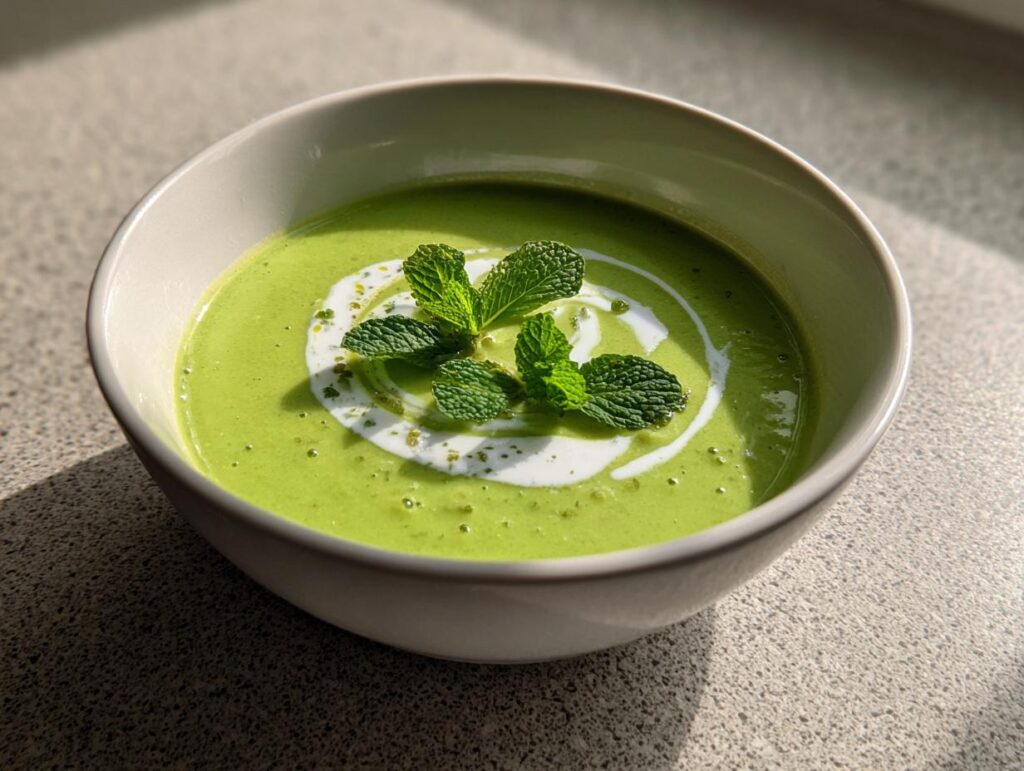 Close-up of a bowl of Creamy Pea & Mint Soup, garnished with fresh mint and cream.