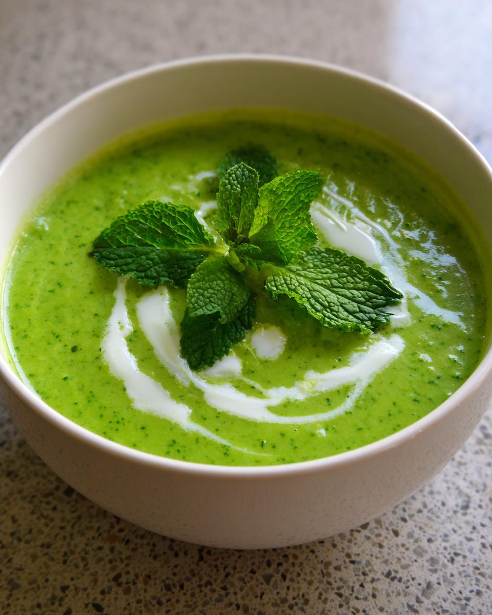 Close-up of a bowl of Creamy Pea & Mint Soup, garnished with fresh mint and cream.