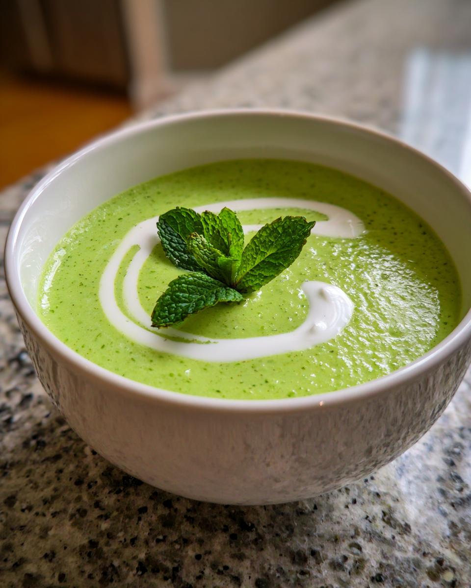 Close-up of creamy pea & mint soup in a white bowl, garnished with fresh mint and cream swirl.