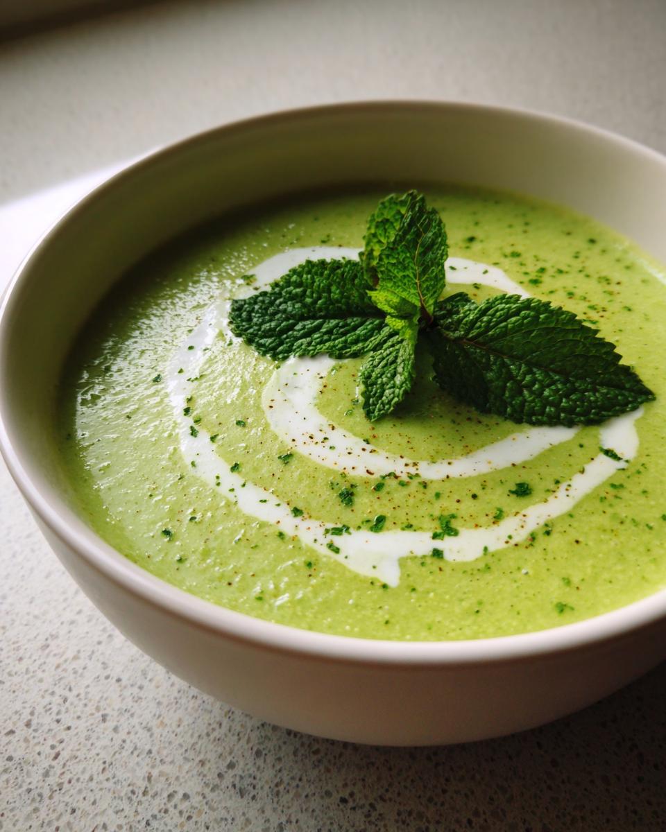 Close-up of a bowl of Creamy Pea & Mint Soup, garnished with fresh mint and a swirl of cream.