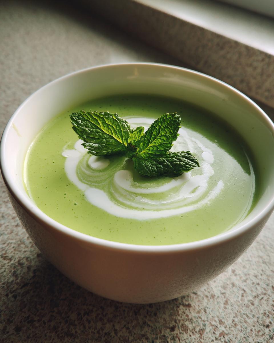 Bowl of creamy pea and mint soup, garnished with fresh mint leaves. The perfect Creamy Pea & Mint Soup.