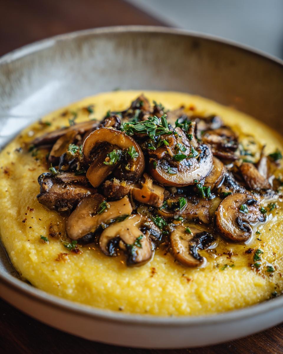 Close-up of Creamy Polenta with Mushrooms, garnished with herbs, in a bowl.