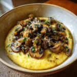 A bowl of creamy polenta with mushrooms, garnished with parsley and parmesan.