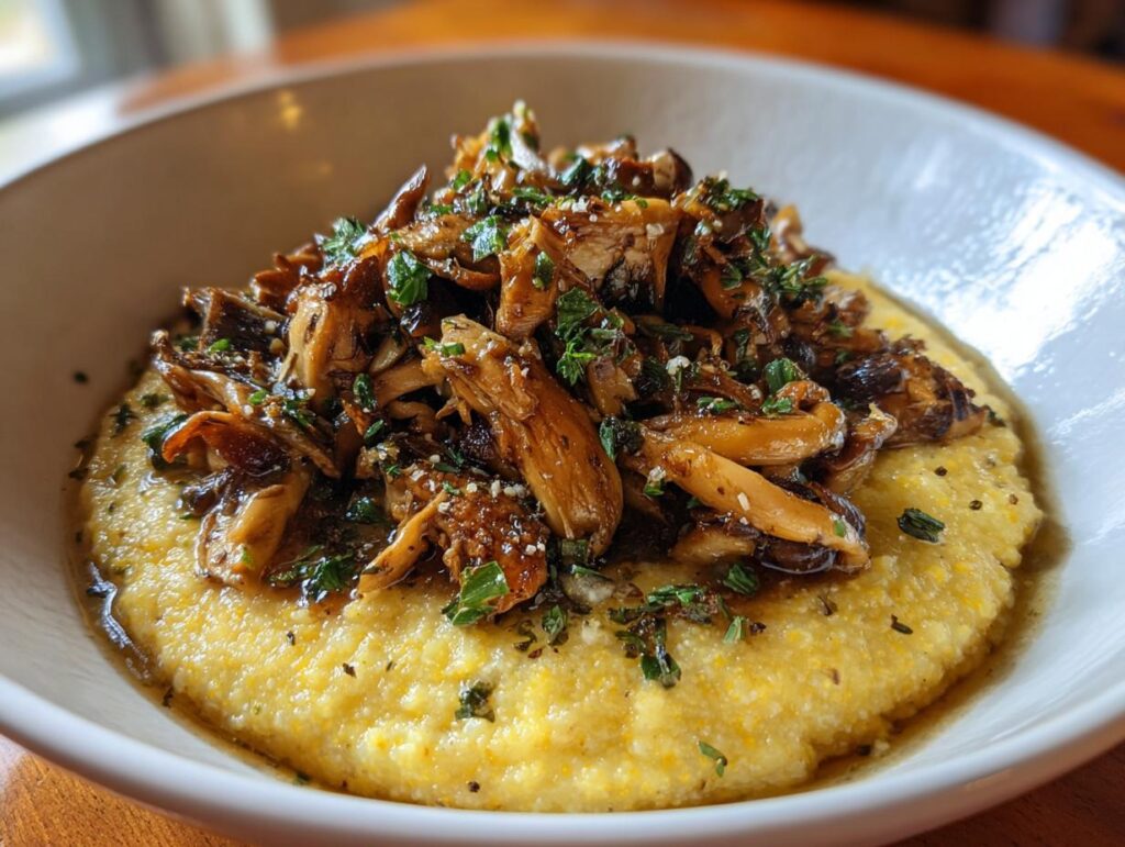 Close-up of a bowl of creamy polenta with mushrooms, garnished with herbs. This delicious Creamy Polenta with Mushrooms is a must-try!