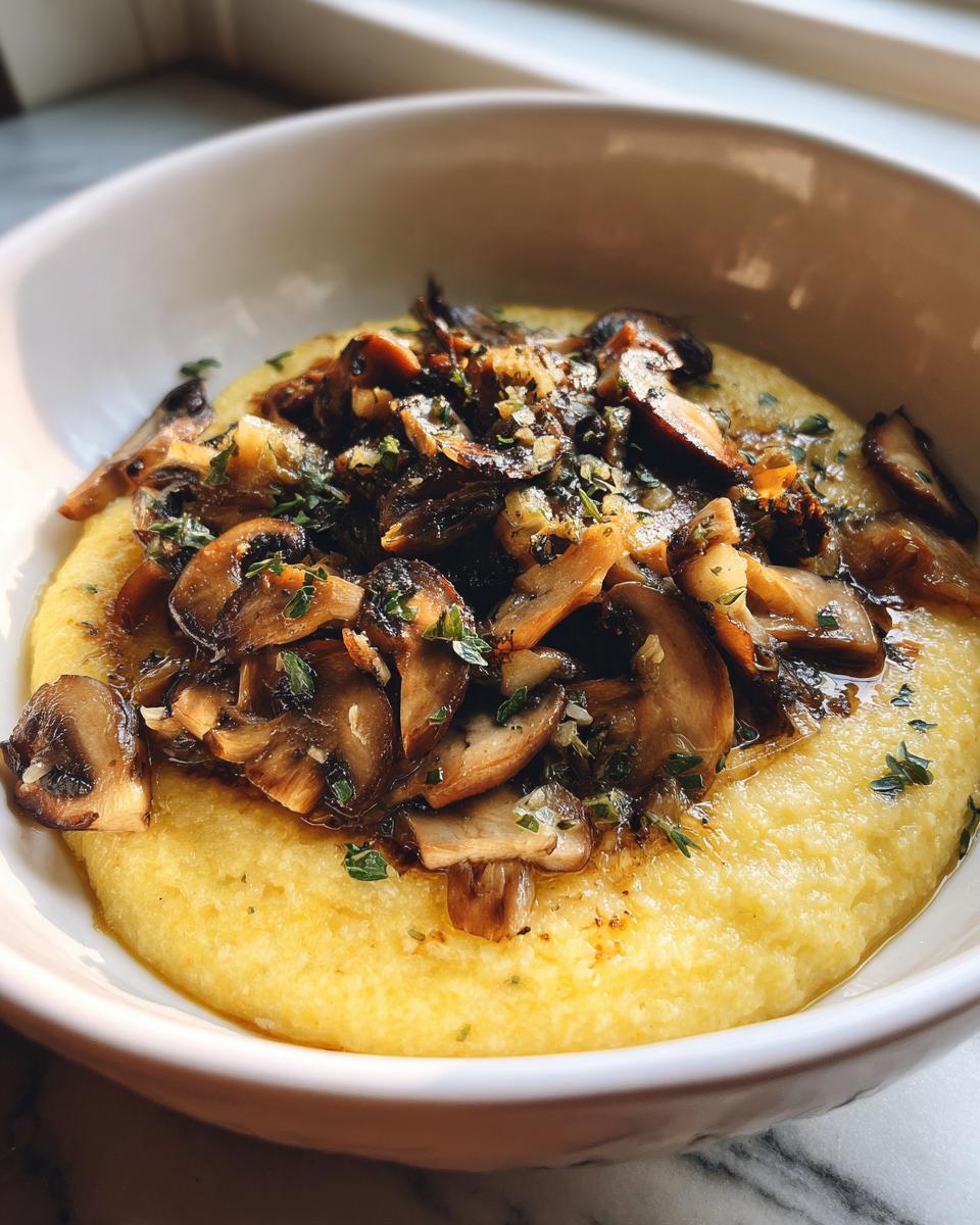 Close-up of creamy polenta with mushrooms in a white bowl. A delicious Creamy Polenta with Mushrooms dish.