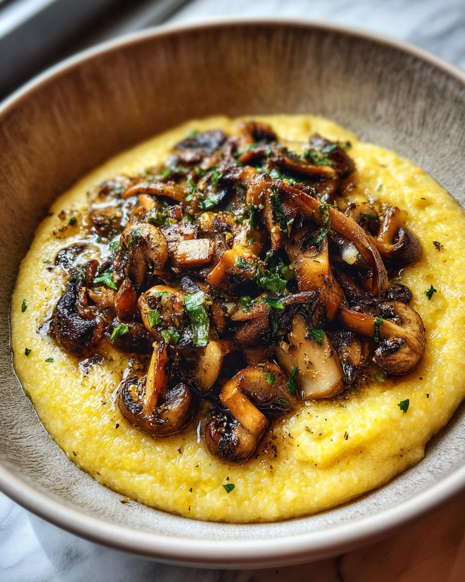 Close-up of creamy polenta with mushrooms in a bowl. Delicious Creamy Polenta with Mushrooms.