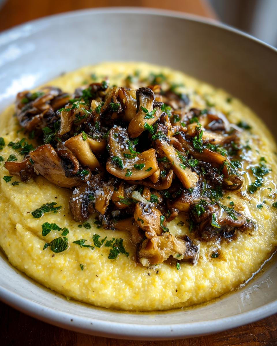 Close-up of creamy polenta with mushrooms, garnished with parsley. A delicious Creamy Polenta with Mushrooms.