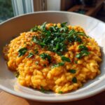 Close-up of a bowl of creamy pumpkin risotto, garnished with fresh parsley and spices.