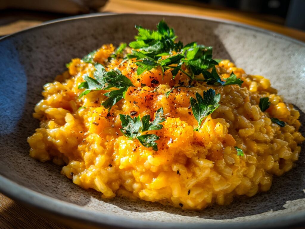 Close-up of a bowl of creamy pumpkin risotto, garnished with fresh parsley.