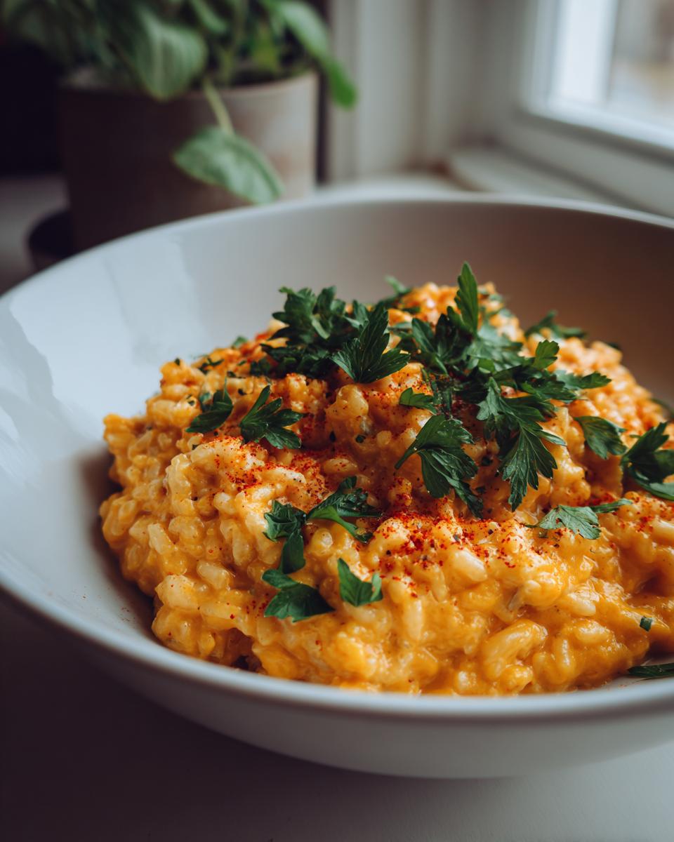 Close-up of a bowl of creamy pumpkin risotto, garnished with parsley and paprika.