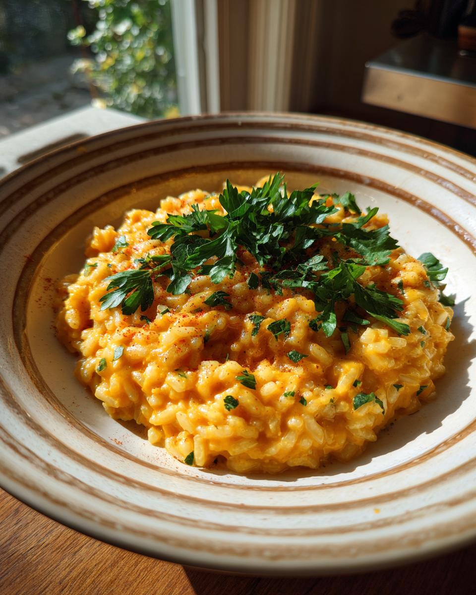 Close-up of a bowl of creamy pumpkin risotto, garnished with fresh parsley and spices.