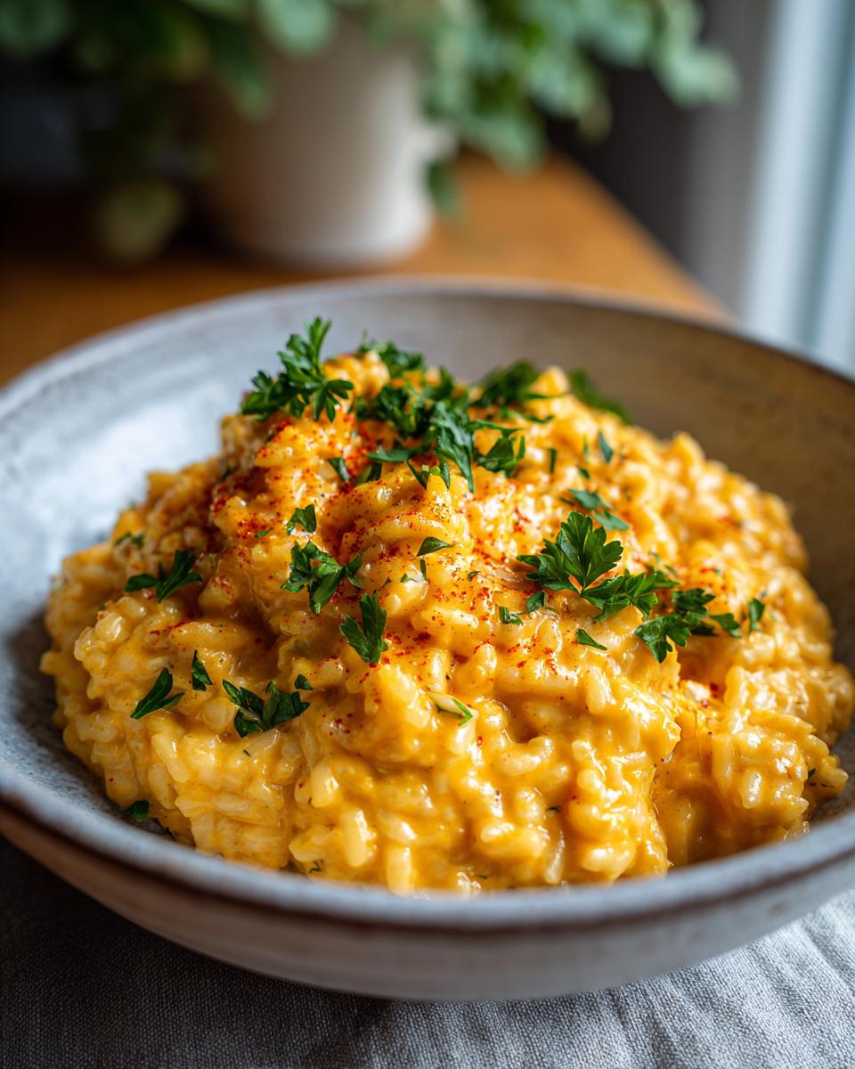 Close-up of a bowl of creamy pumpkin risotto, garnished with parsley and paprika.