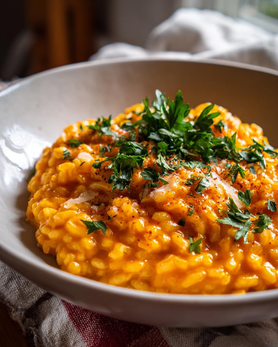 Close-up of a bowl of creamy pumpkin risotto, garnished with fresh herbs.