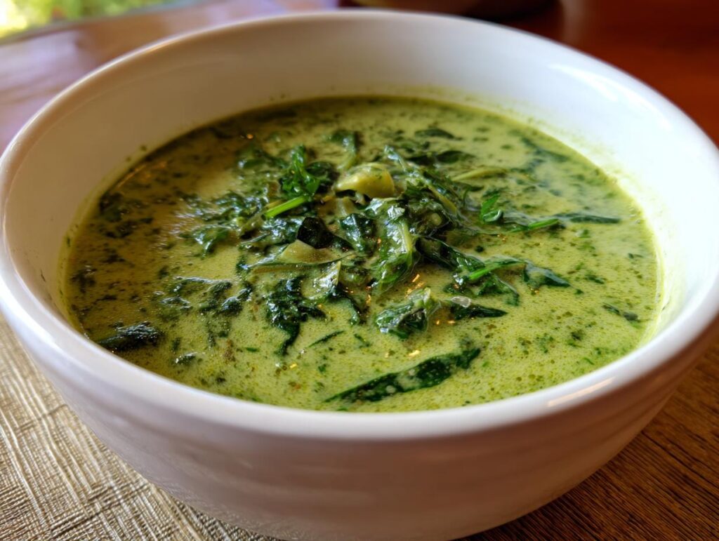 Close-up of a bowl of Creamy Spinach Artichoke Soup, a delicious and comforting soup.