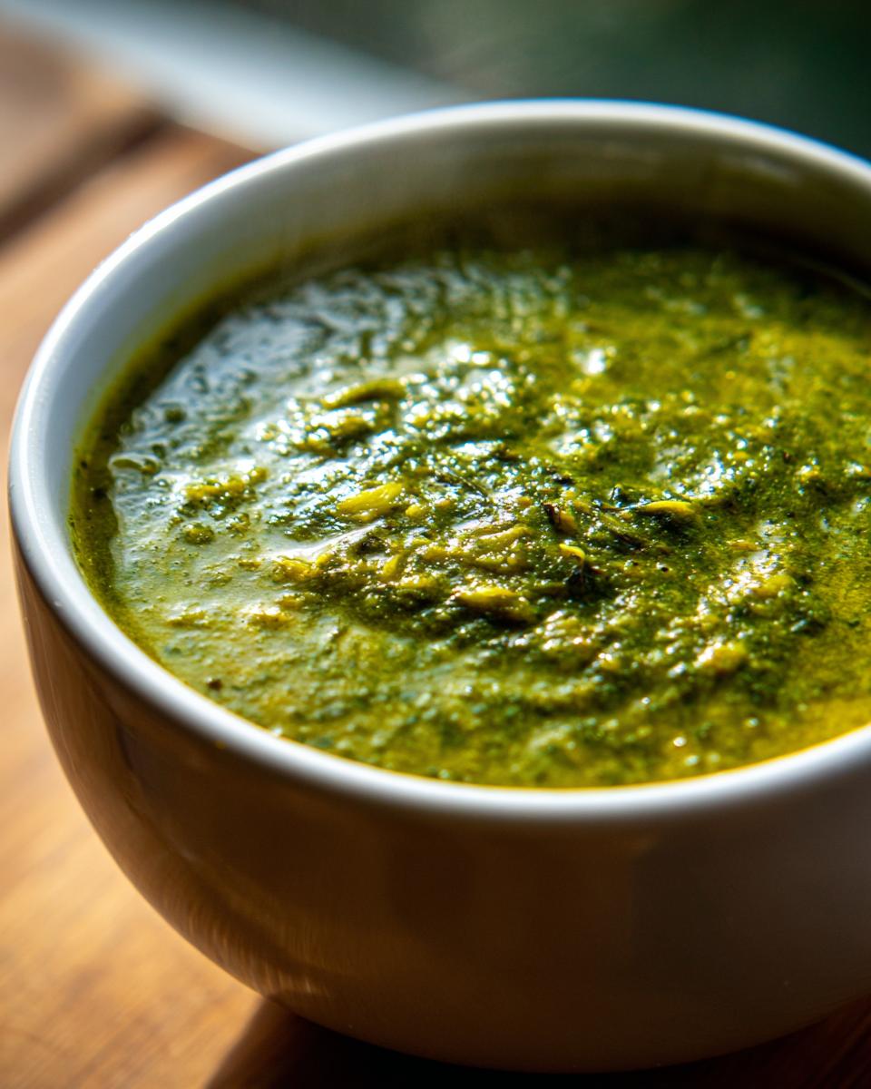 Close-up of a bowl of Creamy Spinach Artichoke Soup, a vibrant green, creamy soup.