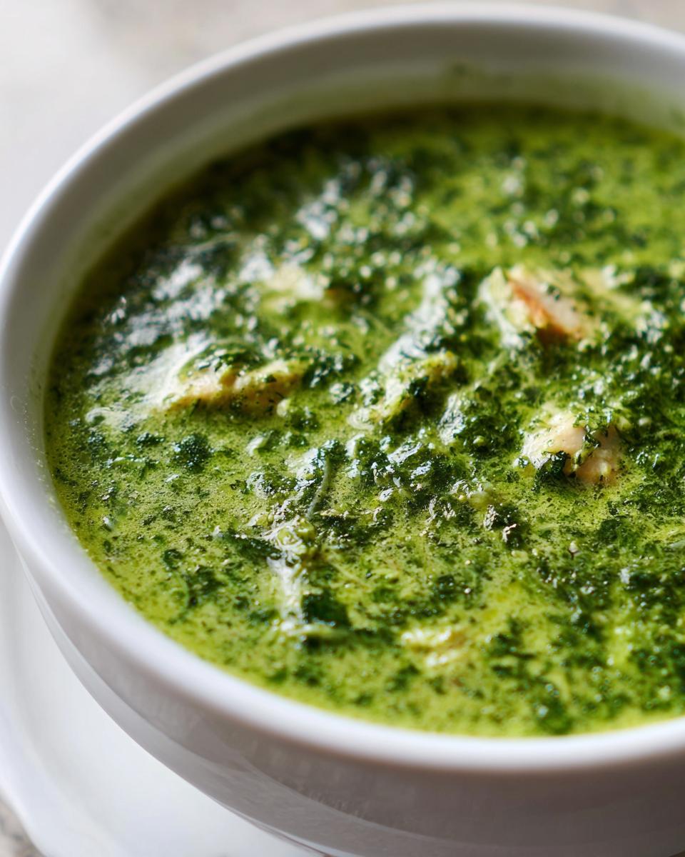 Close-up of a bowl of creamy spinach artichoke soup, a delicious and easy recipe.
