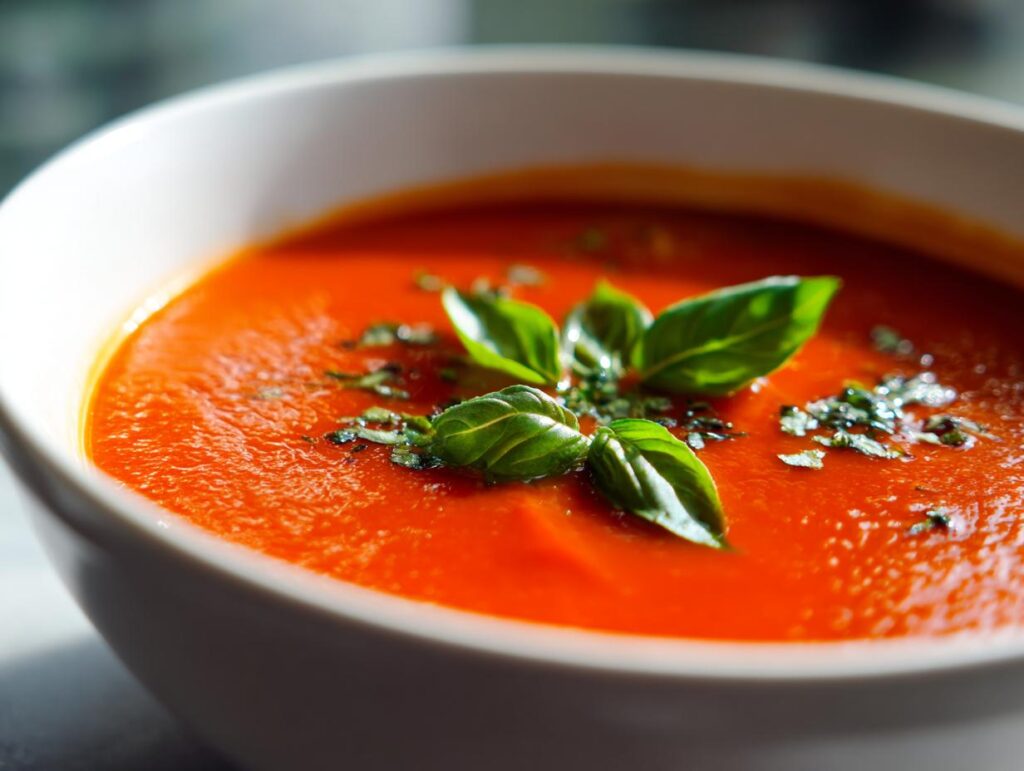 Close-up of a bowl of Creamy Tomato Basil Soup (No Cream!), garnished with fresh basil leaves.