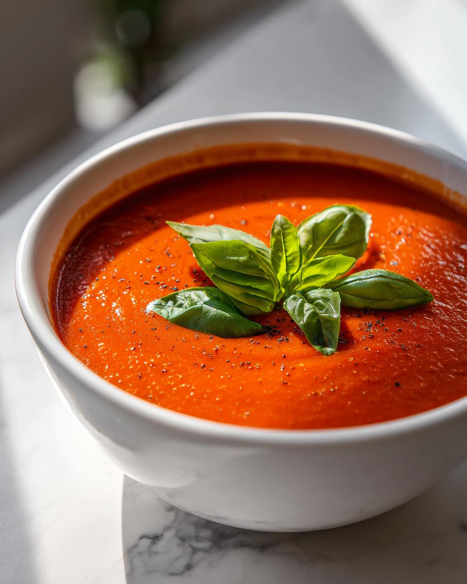 Close-up of a bowl of Creamy Tomato Basil Soup (No Cream!) garnished with fresh basil leaves.