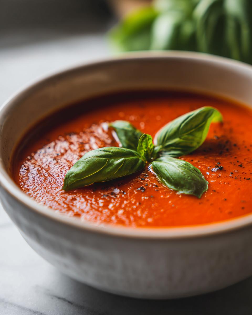 Close-up of a bowl of Creamy Tomato Basil Soup (No Cream!) garnished with fresh basil leaves.