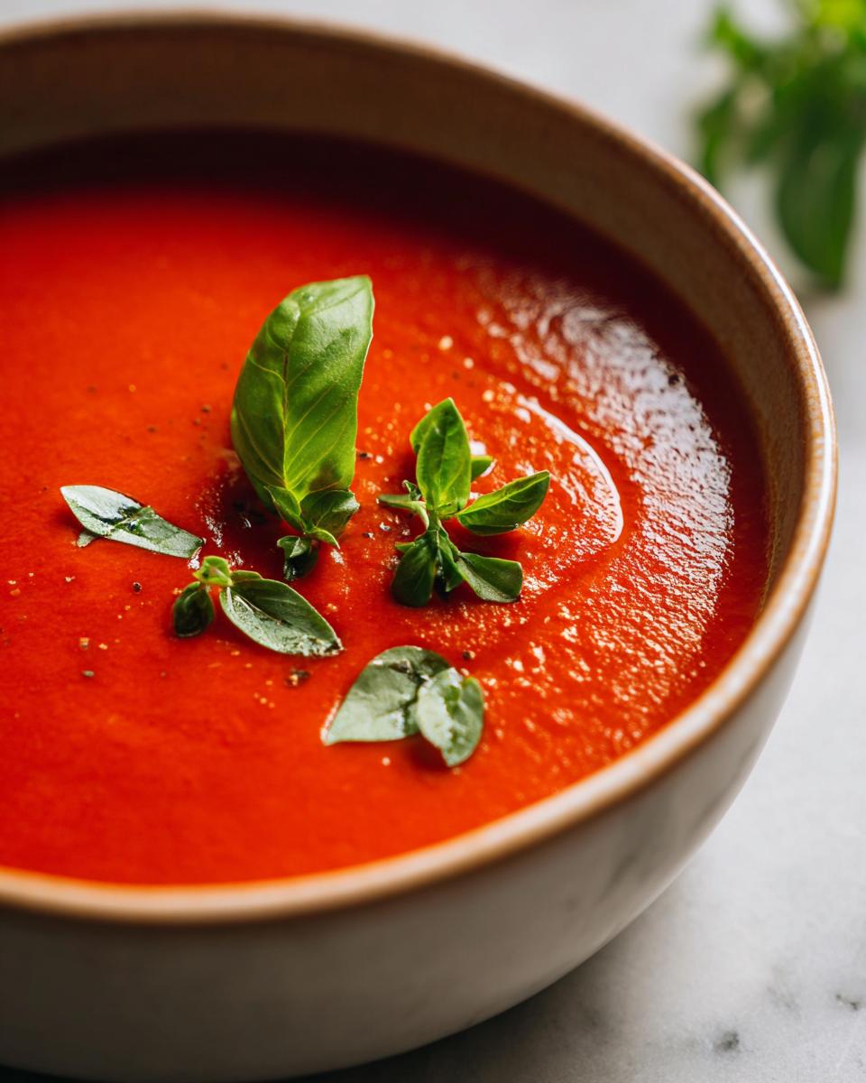 Close-up of a bowl of Creamy Tomato Basil Soup (No Cream!) garnished with fresh basil leaves.