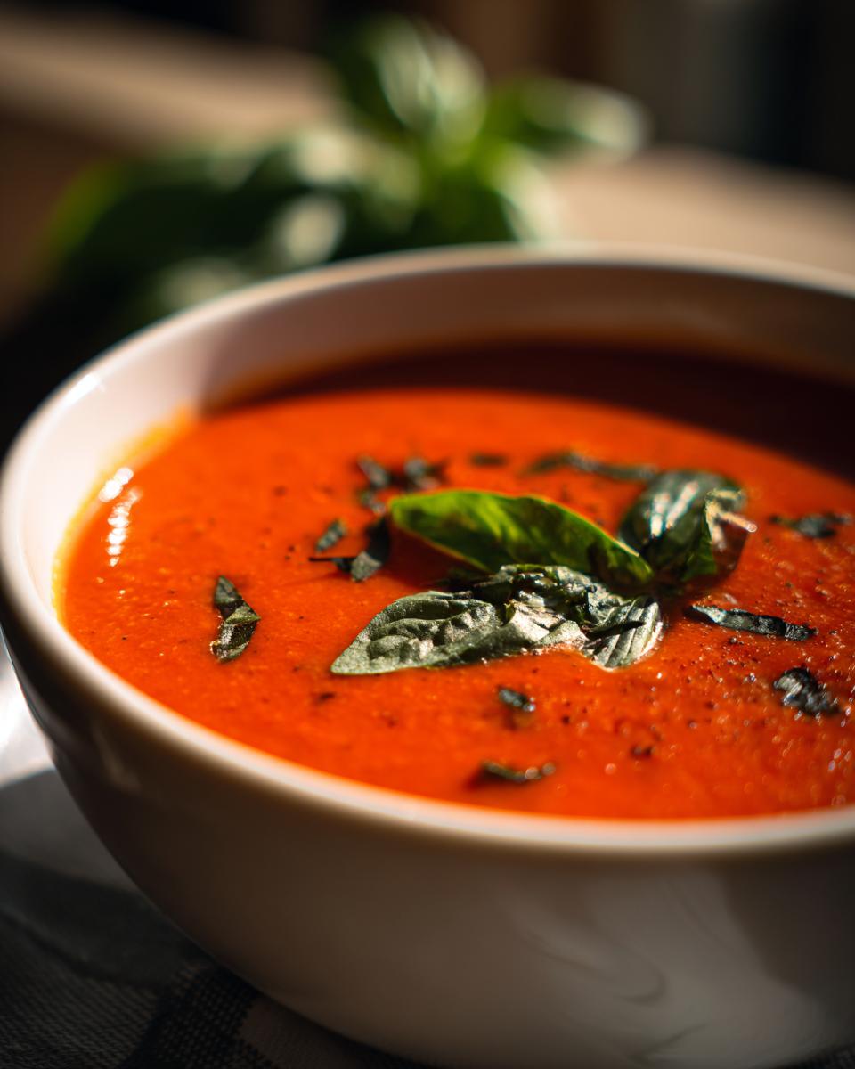 Close-up of a bowl of Creamy Tomato Basil Soup (No Cream!) garnished with fresh basil.