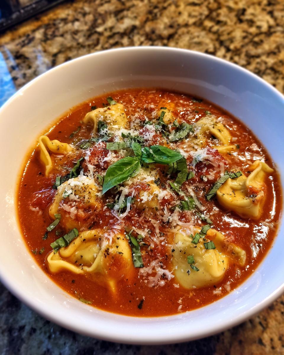 A bowl of Creamy Tomato Tortellini Soup, garnished with basil and parmesan cheese.