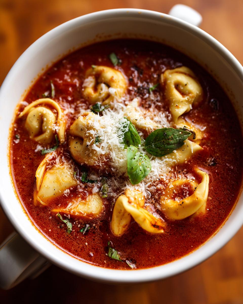 Overhead shot of a bowl of Creamy Tomato Tortellini Soup, garnished with parmesan and basil.