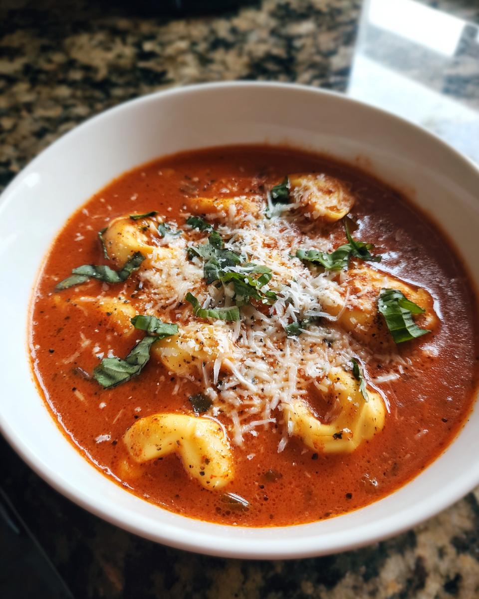Close-up of a bowl of Creamy Tomato Tortellini Soup, garnished with basil and parmesan cheese.