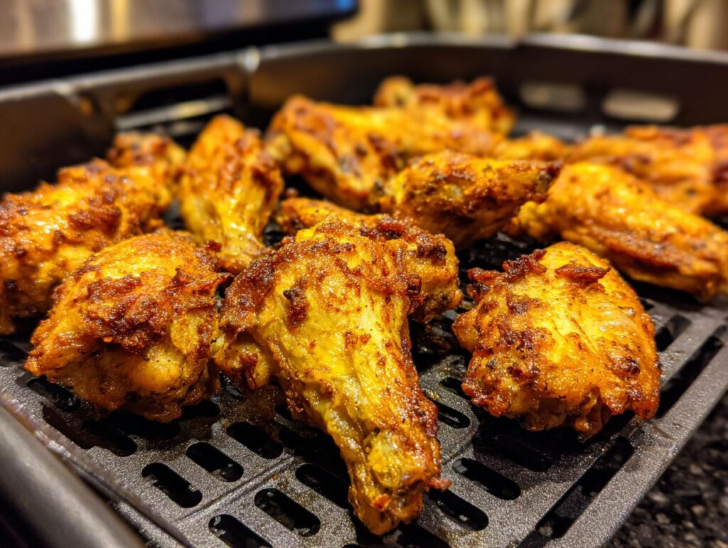 Close-up of perfectly seasoned and crispy air fryer chicken wings resting on a black air fryer rack.