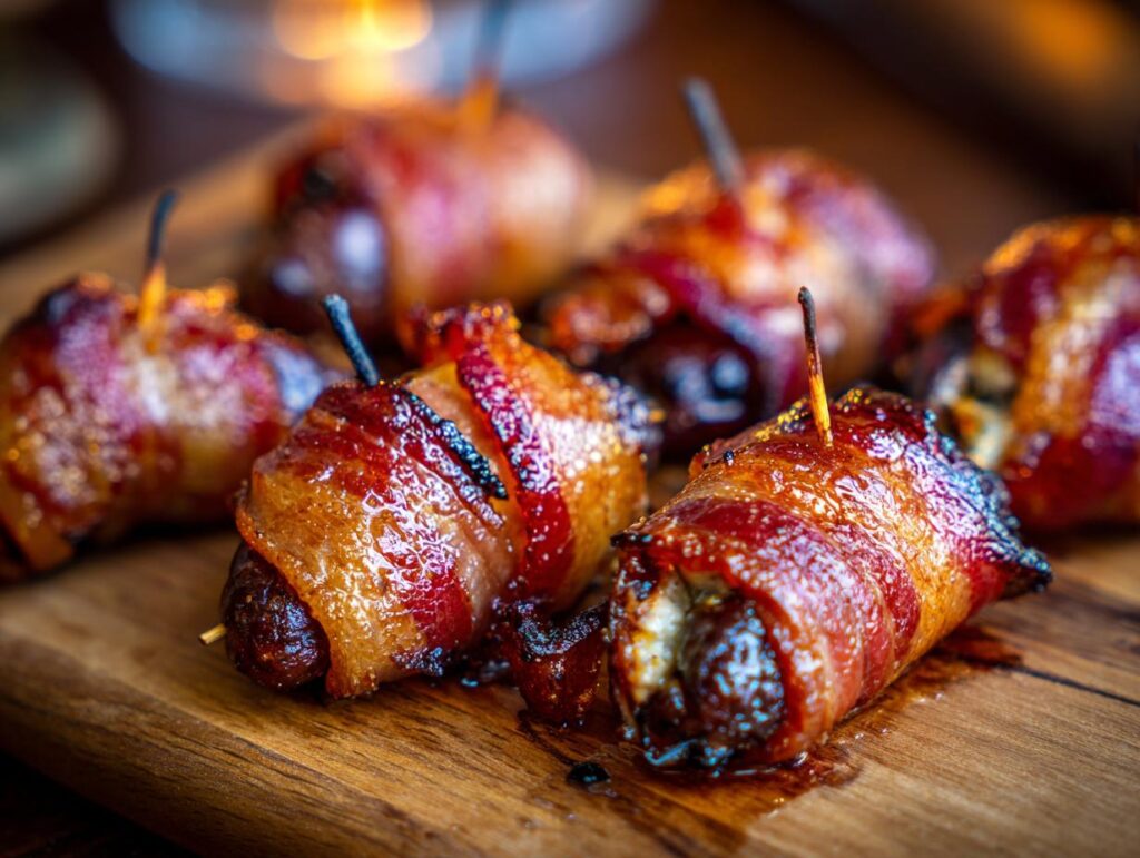 Close-up of delicious Crispy Bacon-Wrapped Dates appetizer on a wooden board, glistening and perfectly cooked.