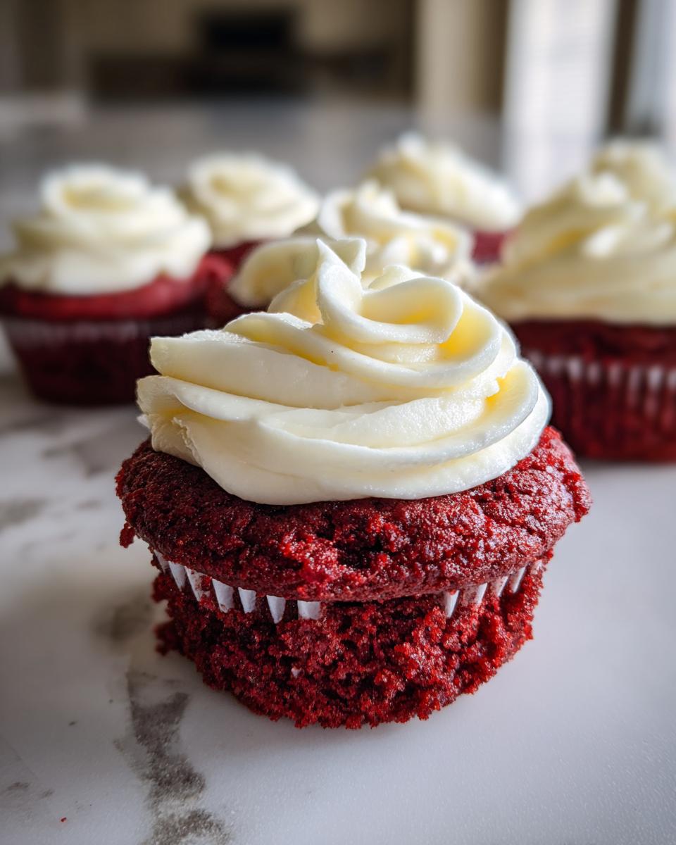 Close-up of a delicious Easy Crumbl Red Velvet Cupcake Cookie with white frosting.