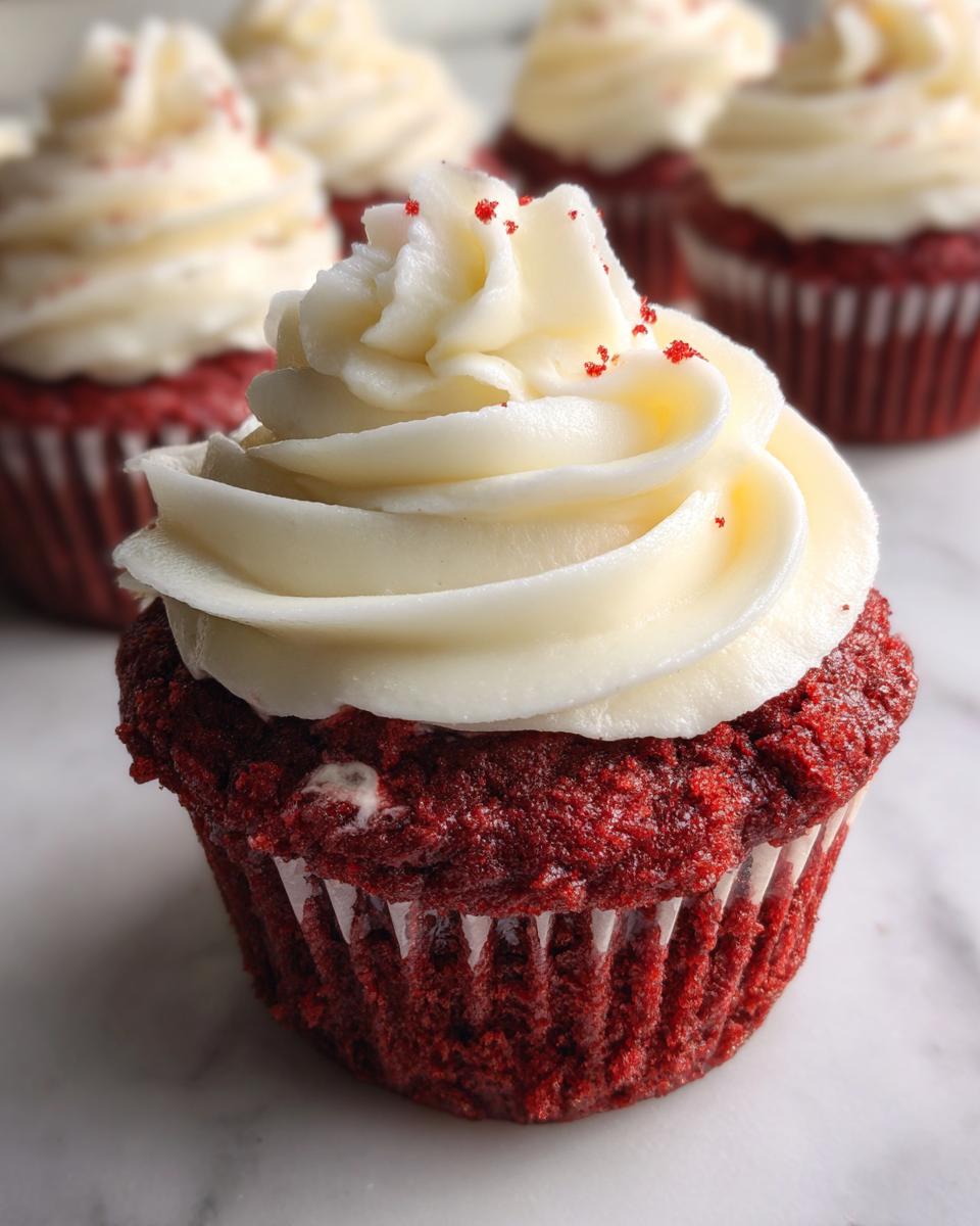 Close-up of an Easy Crumbl Red Velvet Cupcake Cookie with white frosting and red sprinkles.