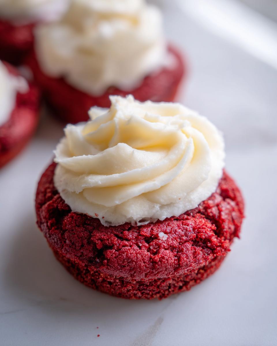 Close-up of an Easy Crumbl Red Velvet Cupcake Cookie with white frosting.