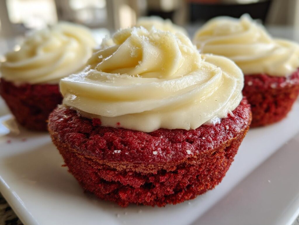 Close-up of Easy Crumbl Red Velvet Cupcake Cookies with cream cheese frosting on a white plate.