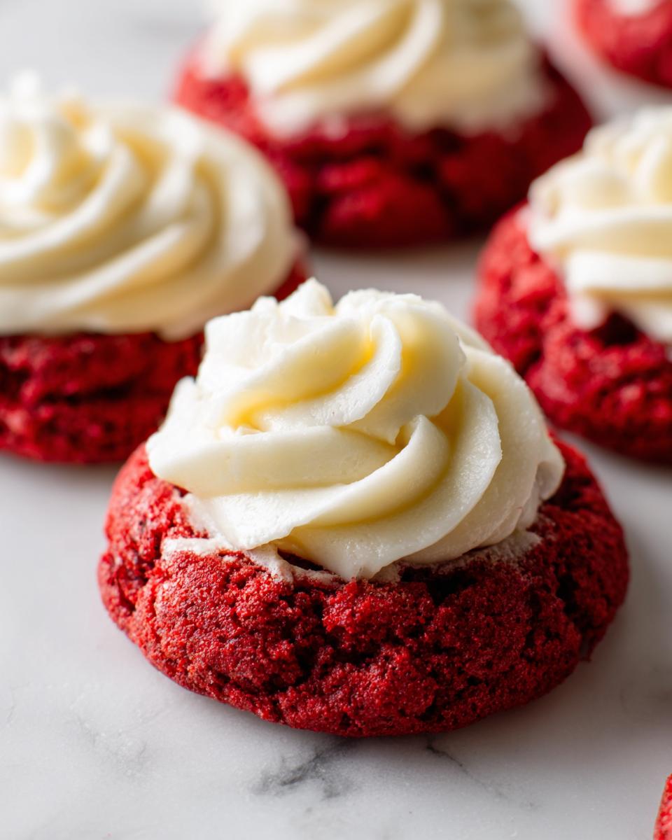 Close-up of frosted Easy Crumbl Red Velvet Cupcake Cookies on a white surface.