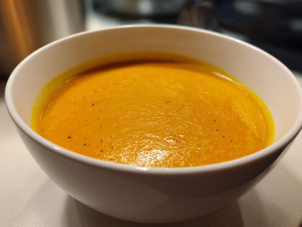A bowl of creamy Curried Cauliflower & Carrot Soup, a vibrant orange color.