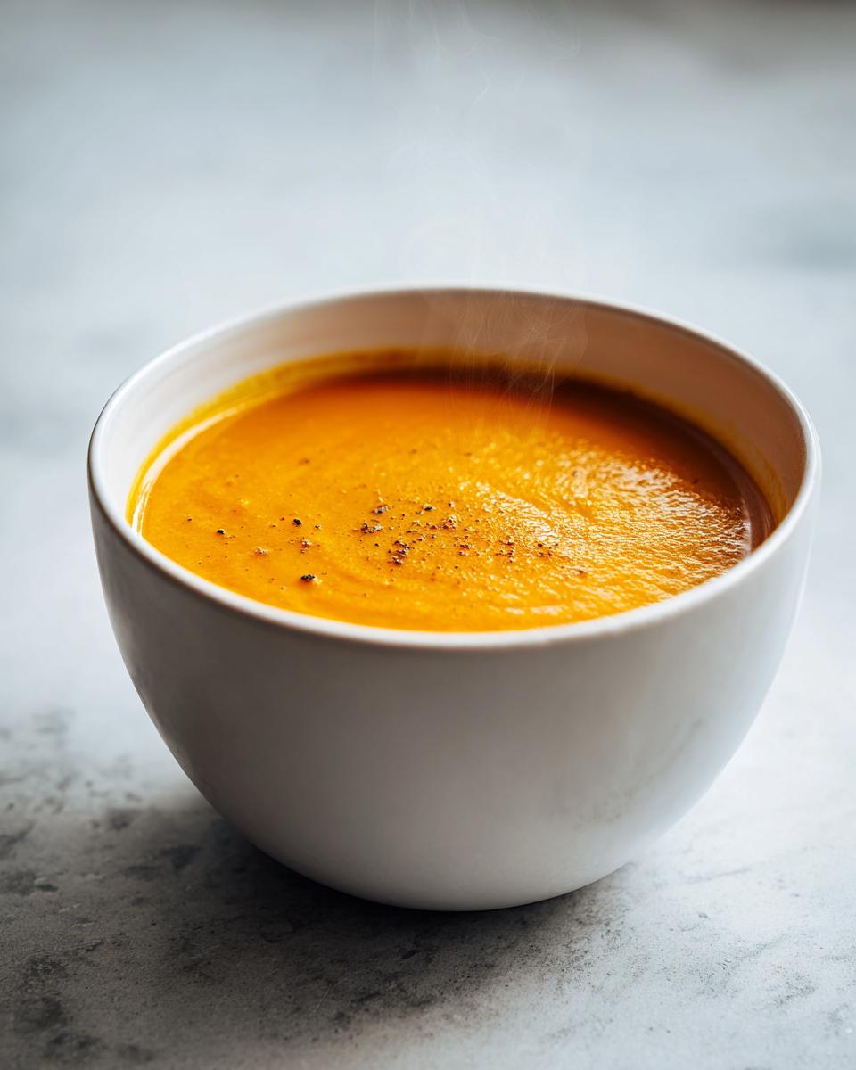 A white bowl filled with steaming Curried Cauliflower & Carrot Soup, a vibrant orange color.
