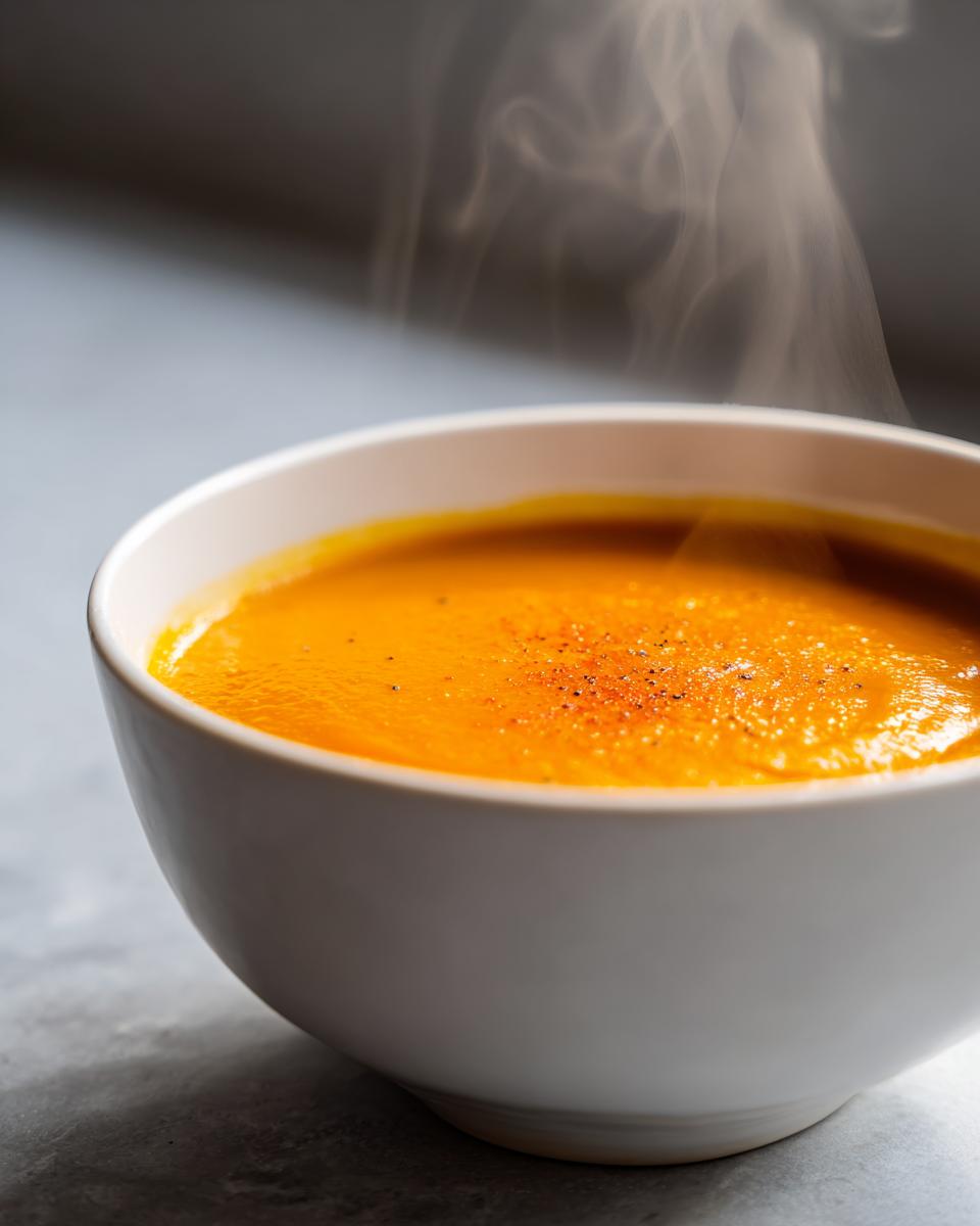 Close-up of a steaming bowl of Curried Cauliflower & Carrot Soup, a vibrant orange color.