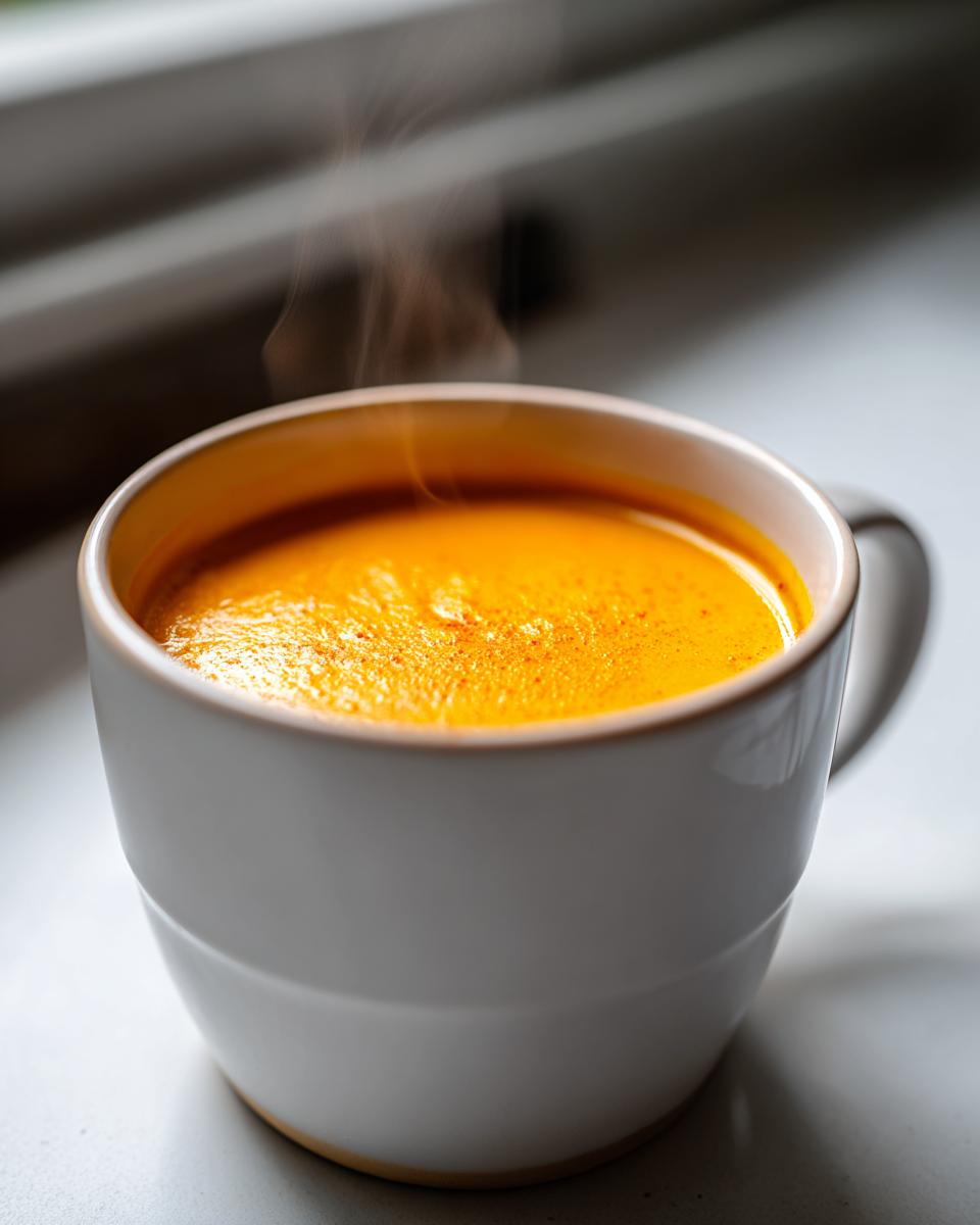 Close-up of a mug filled with steaming Curried Cauliflower & Carrot Soup, a vibrant orange color.