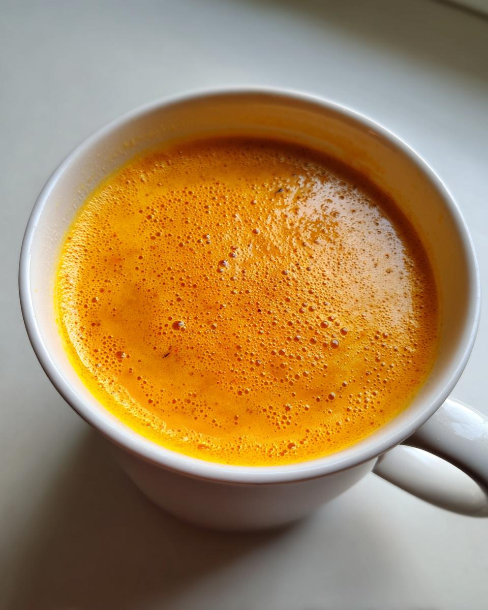 Close-up of a mug filled with creamy Curried Cauliflower & Carrot Soup.