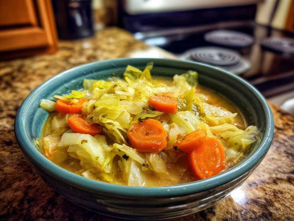 A bowl of Detox Cabbage & Carrot Soup, a healthy and flavorful soup.