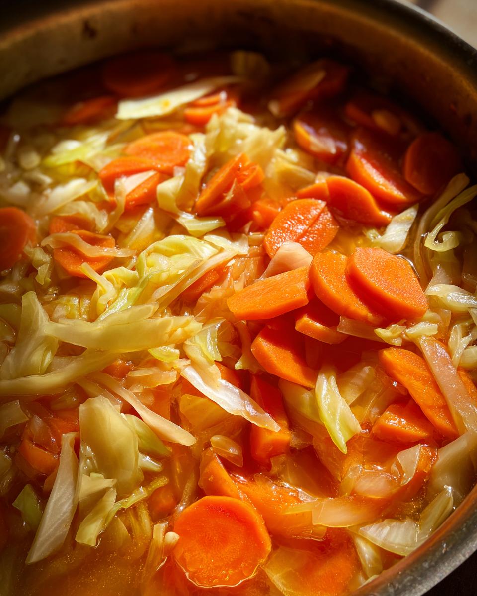 Close-up of Detox Cabbage & Carrot Soup in a pot, showing carrots and cabbage.