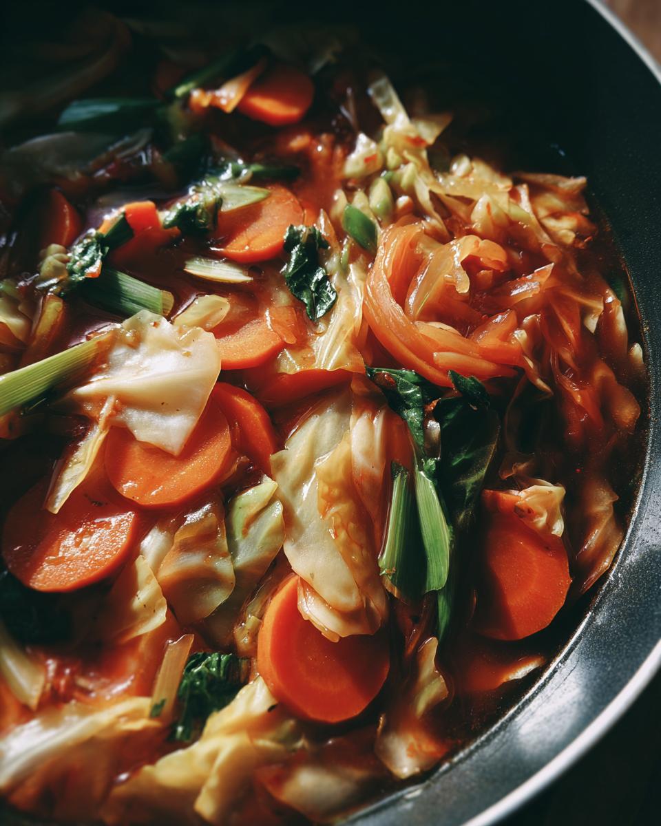 Close-up of Detox Cabbage & Carrot Soup in a pan, with carrots, cabbage, and broth.