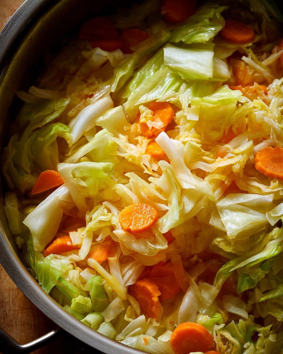 Close-up of Detox Cabbage & Carrot Soup simmering in a pot, showing cabbage and carrot.
