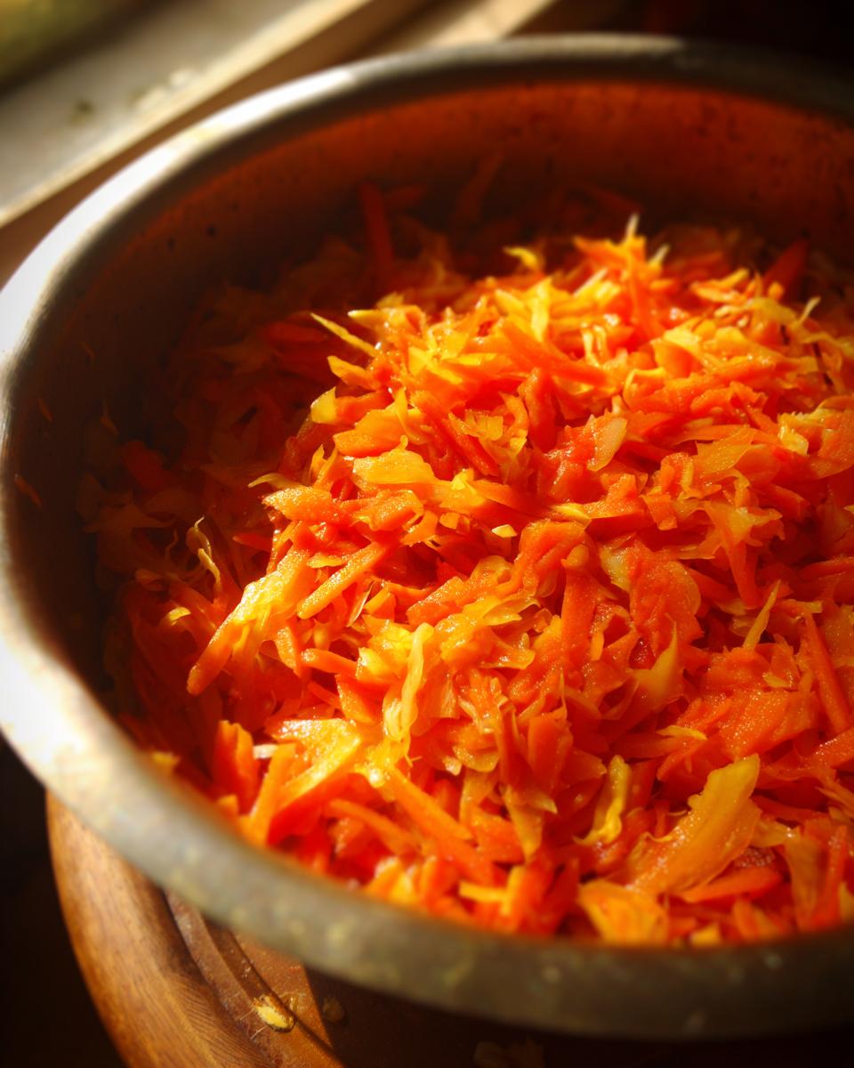 Close-up of shredded carrots in a bowl, ingredients for Detox Cabbage & Carrot Soup.