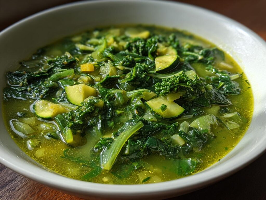 Close-up of a bowl of Detox Green Vegetable Soup with kale, zucchini, and other green vegetables.