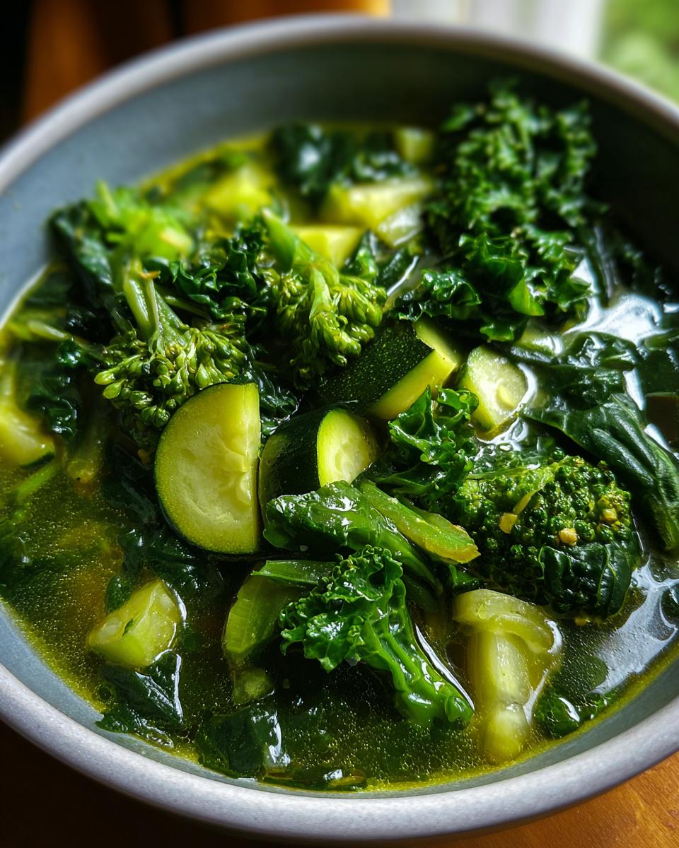 Close-up of a bowl of Detox Green Vegetable Soup with kale, zucchini, and broccoli.