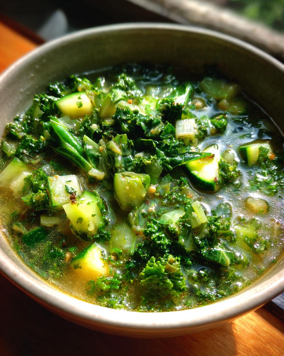 Close-up of a bowl of Detox Green Vegetable Soup with kale, zucchini, and other green vegetables.